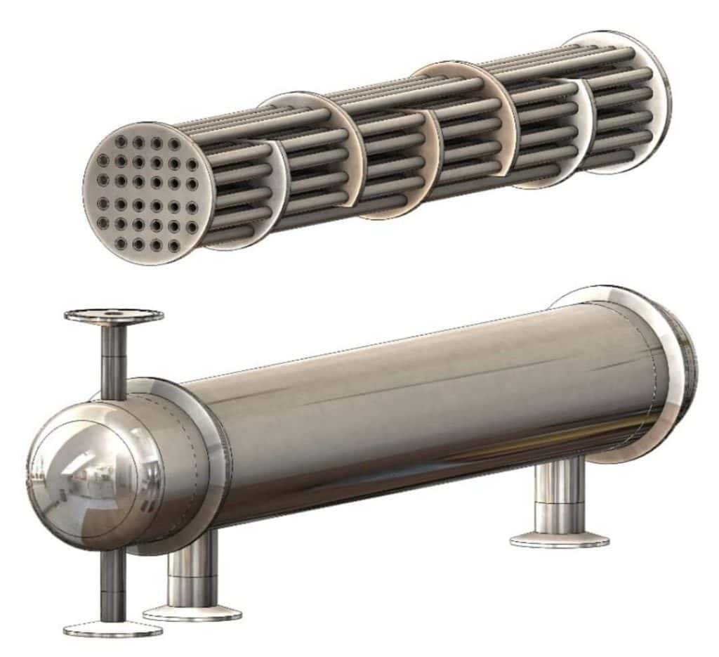 Internal and external view of a shell and tube heat exchanger design, showing the tube bundle and the shell.