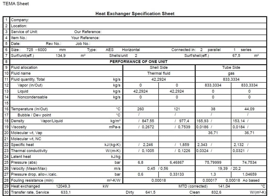 Aspen EDR results sheet for a shell and tube heat exchanger design, detailing a 725mm diameter and fluid properties.