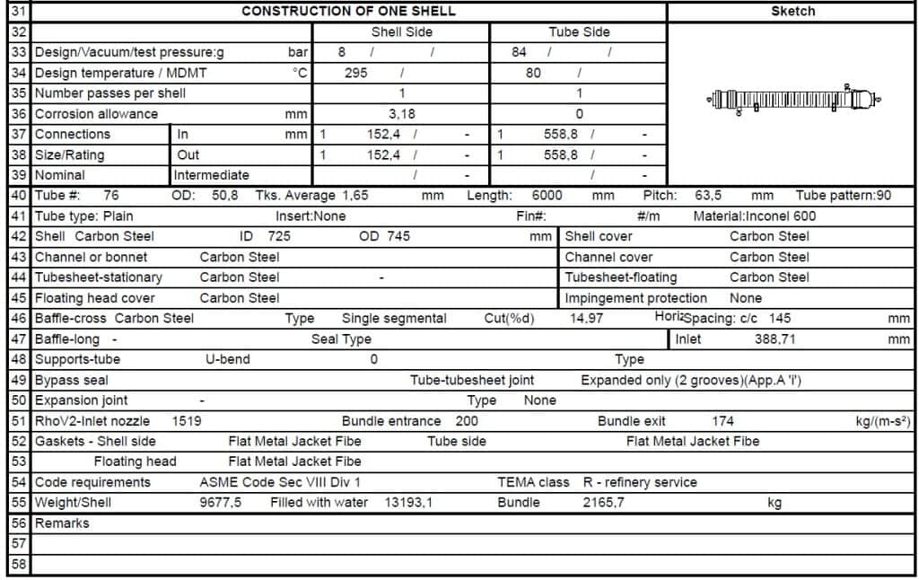 Mechanical section of a TEMA specification sheet resulting from a heat exchanger design, showing tube count and shell diameter.