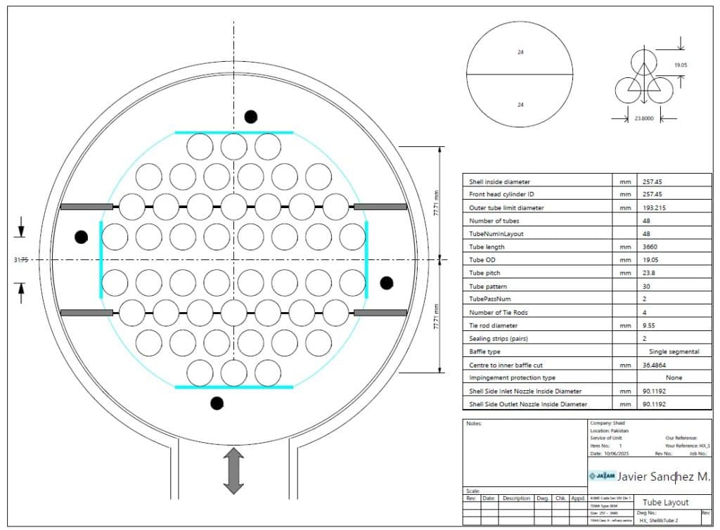 Cutaway drawing of a shell and tube heat exchanger design, showing the internal tube layout and the two-pass shell.